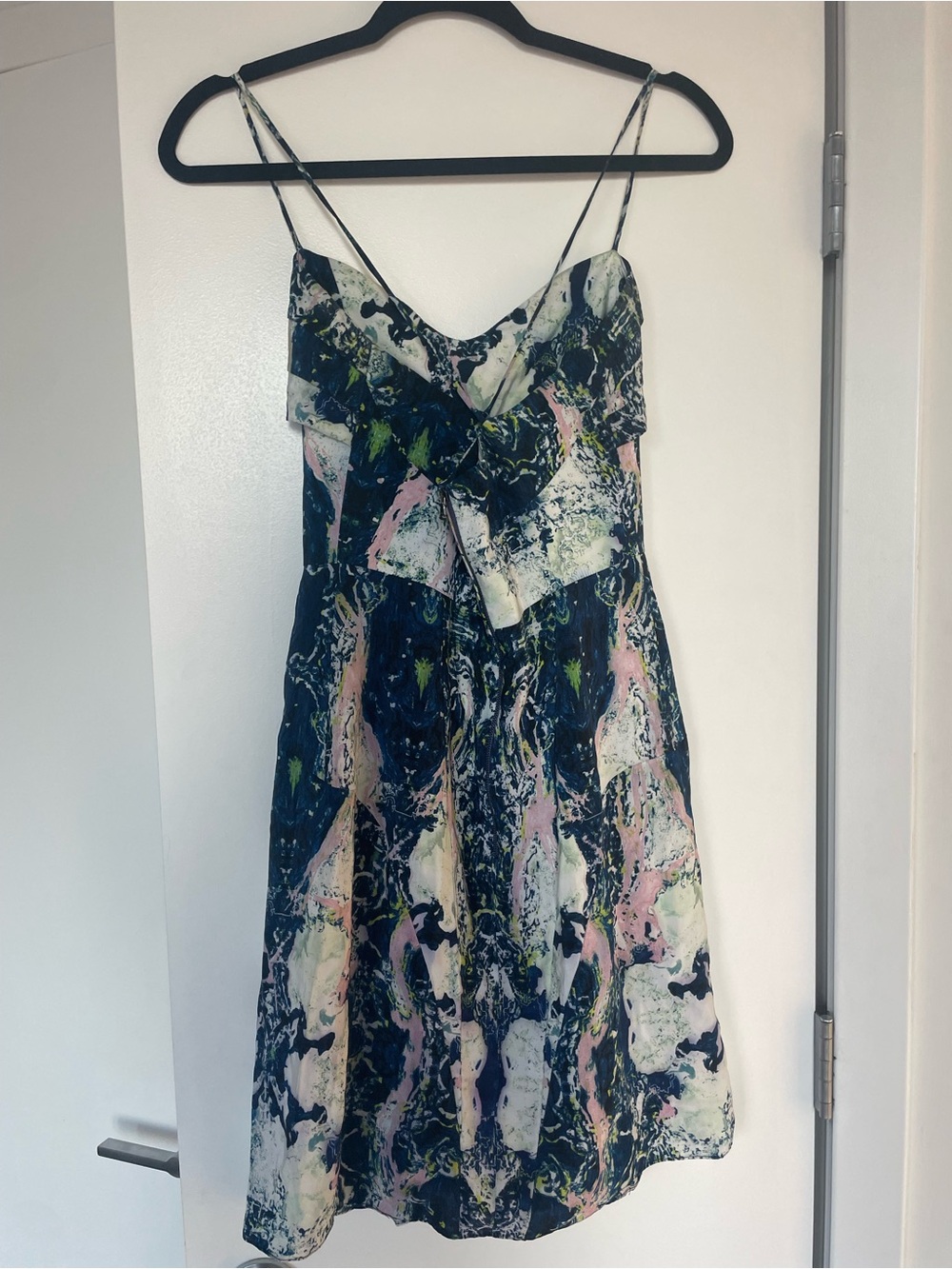 Brian Reyes Abstract Marble Print Pleated Corset Criss Cross Silk Slip Dress - Picture 3 of 7